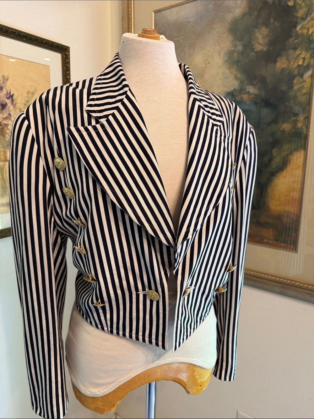 JACKET -MONDI Vintage Navy/White Striped Nautical Gold Button Size 42